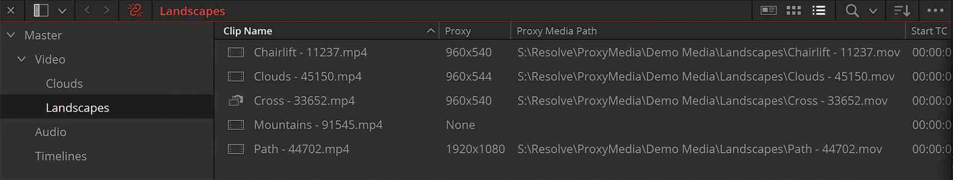 video editing software interface showing landscape clips list digital production Video editing software interface showing landscape clips list