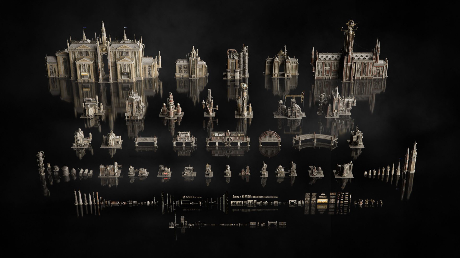 a meticulously arranged display of miniature architectural models on a dark surface the models include a variety of grand structures intricate columns and ornate details all reflecting various architectural styles digital production A meticulously arranged display of miniature architectural models on a dark surface. The models include a variety of grand structures, intricate columns, and ornate details, all reflecting various architectural styles.