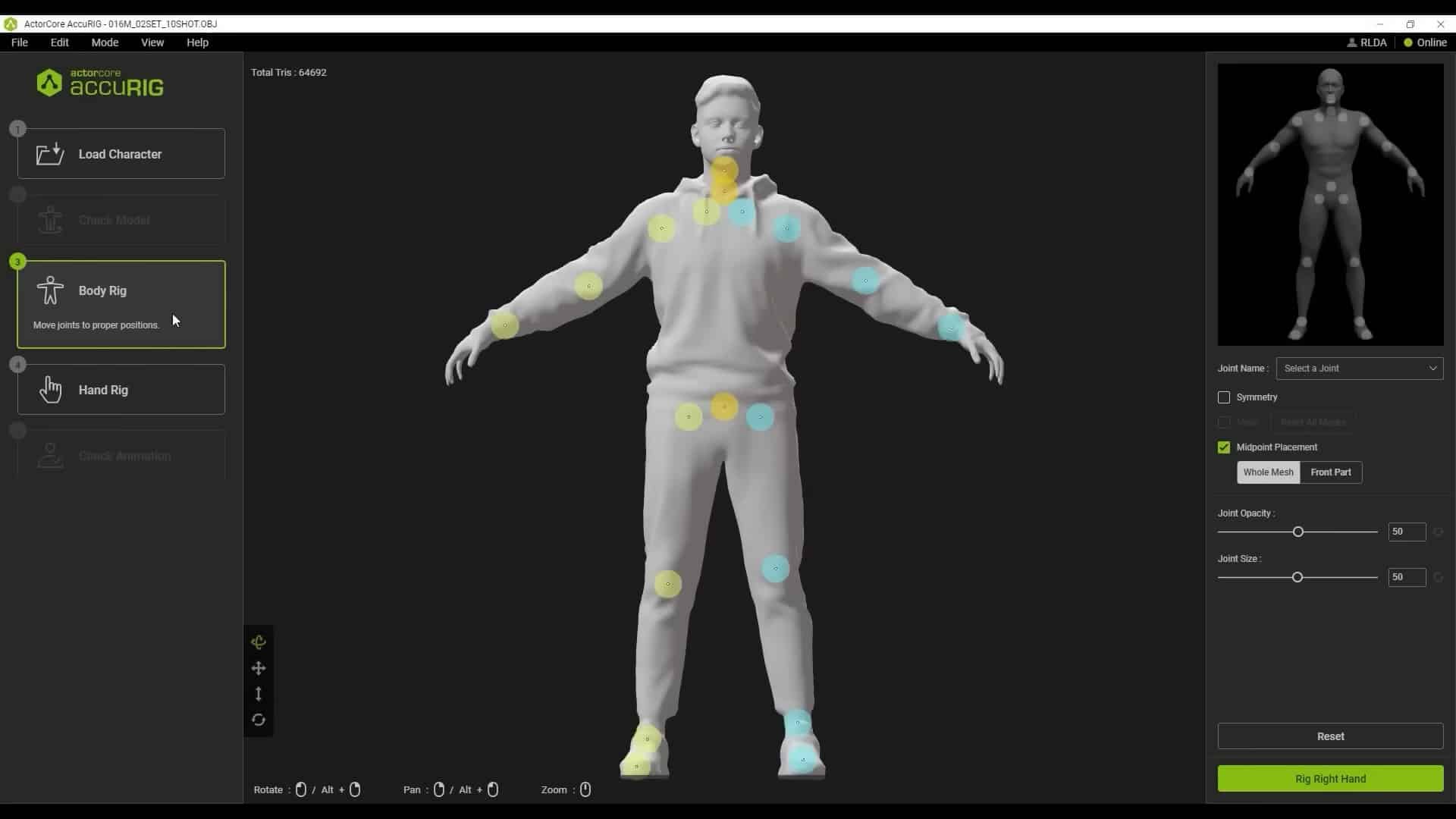 a 3d model of a human figure displayed in a digital interface highlighting body rigging points with colored circles the left panel shows options for loading a character and adjusting body and head rig settings digital production A 3D model of a human figure displayed in a digital interface, highlighting body rigging points with colored circles. The left panel shows options for loading a character and adjusting body and head rig settings.
