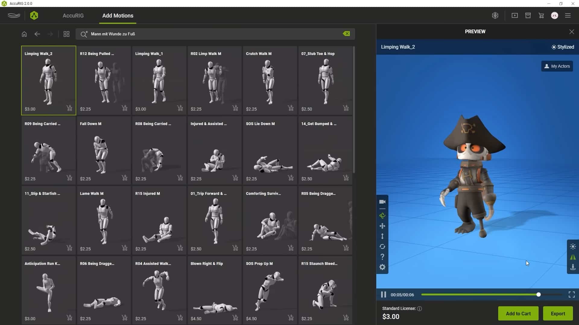 a user interface for a 3d animation software featuring a grid of character motion presets on the left and a model preview of a stylized pirate character on the right wearing a traditional pirate hat and holding a weapon digital production A user interface for a 3D animation software featuring a grid of character motion presets on the left and a model preview of a stylized pirate character on the right, wearing a traditional pirate hat and holding a weapon.