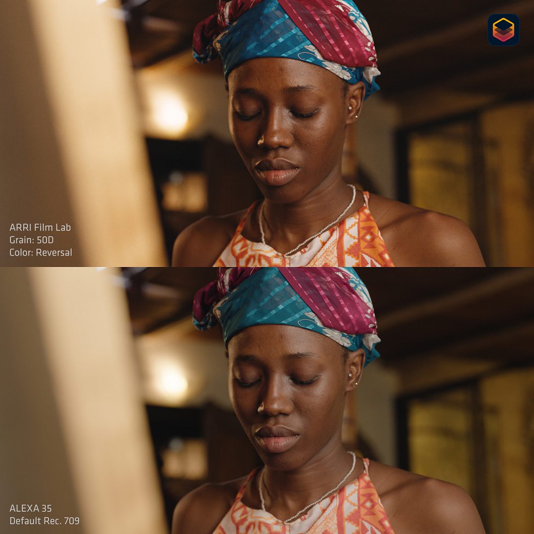 a sidebyside comparison of two images featuring a woman with a colorful headwrap looking downward the left image showcases a film lab style with warm tones while the right image displays a digital style with cooler balanced colors highlighting her thoughtful expression digital production A side-by-side comparison of two images, featuring a woman with a colorful headwrap, looking downward. The left image showcases a film lab style with warm tones, while the right image displays a digital style with cooler, balanced colors, highlighting her thoughtful expression.