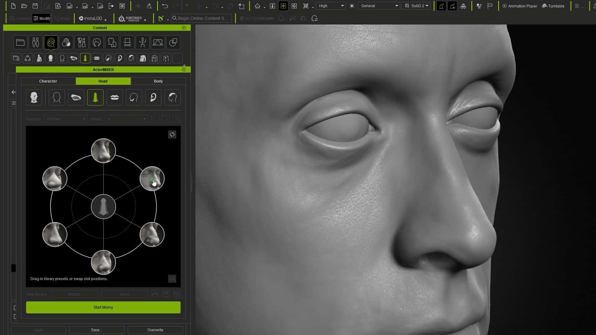 closeup view of a digital interface showcasing a grey 3d model of a human head the interface on the left displays character control settings with various options around a circular layout digital production Close-up view of a digital interface showcasing a grey 3D model of a human head. The interface on the left displays character control settings with various options around a circular layout.