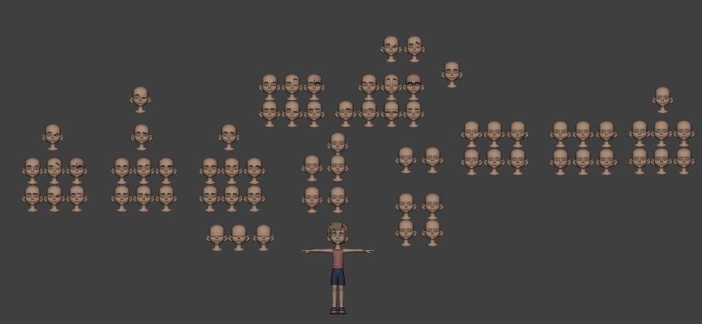 a digital illustration featuring a central cartoon character with short hair and a tshirt surrounded by various cartoon heads displayed in a grid pattern against a dark background the heads show different facial expressions digital production https://studio.blender.org/files/cache/43/65/4365230e3b90400b6eaffd803d02efdb.jpg