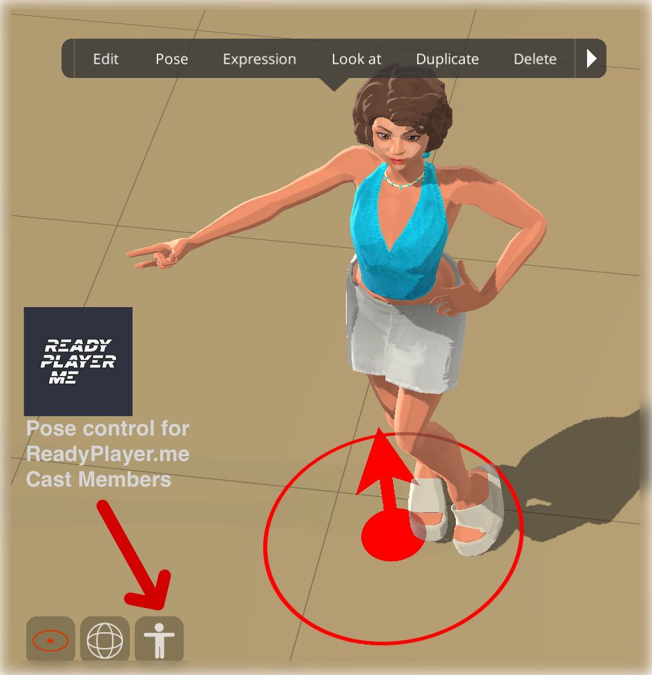 a digital avatar in a blue top and white skirt poses confidently pointing with one hand below there are controls for editing and managing the avatar including icons for posing and settings digital production https://cdn.prod.website-files.com/65f8ae796345635fe1f0ec53/690b5d584a92ea385acbf9b3_poseMode.jpg