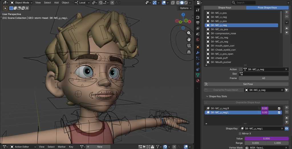 a 3d animated character model with a stylized boy featuring blonde hair and large expressive eyes the character is shown in a wireframe mode alongside the blender software interface displaying various shape key options digital production https://studio.blender.org/files/cache/ac/f0/acf00e49e3ee98f74a2c7a6da1ca57e4.jpg