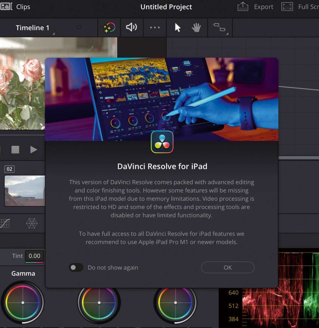 a screenshot of davinci resolve for ipad displaying a message about its features and limitations the interface includes editing tools a color panel and video clips with roses in the background an informational prompt is visible in the center digital production A screenshot of DaVinci Resolve for iPad displaying a message about its features and limitations. The interface includes editing tools, a color panel, and video clips with roses in the background. An informational prompt is visible in the center.