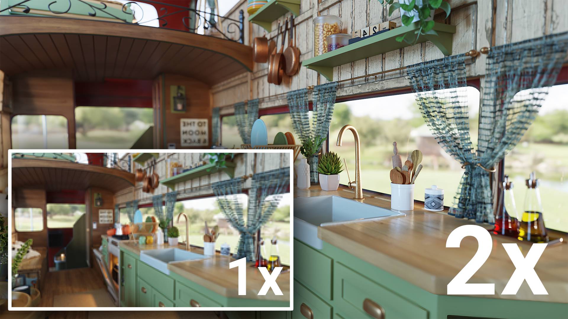 a cozy interior of a tiny home or bus featuring a kitchen area with wooden countertops green cabinets and various kitchen utensils sunlight filters through curtains creating a warm atmosphere a smaller inset shows a wider view of the living space digital production A cozy interior of a tiny home or bus, featuring a kitchen area with wooden countertops, green cabinets, and various kitchen utensils. Sunlight filters through curtains, creating a warm atmosphere. A smaller inset shows a wider view of the living space.