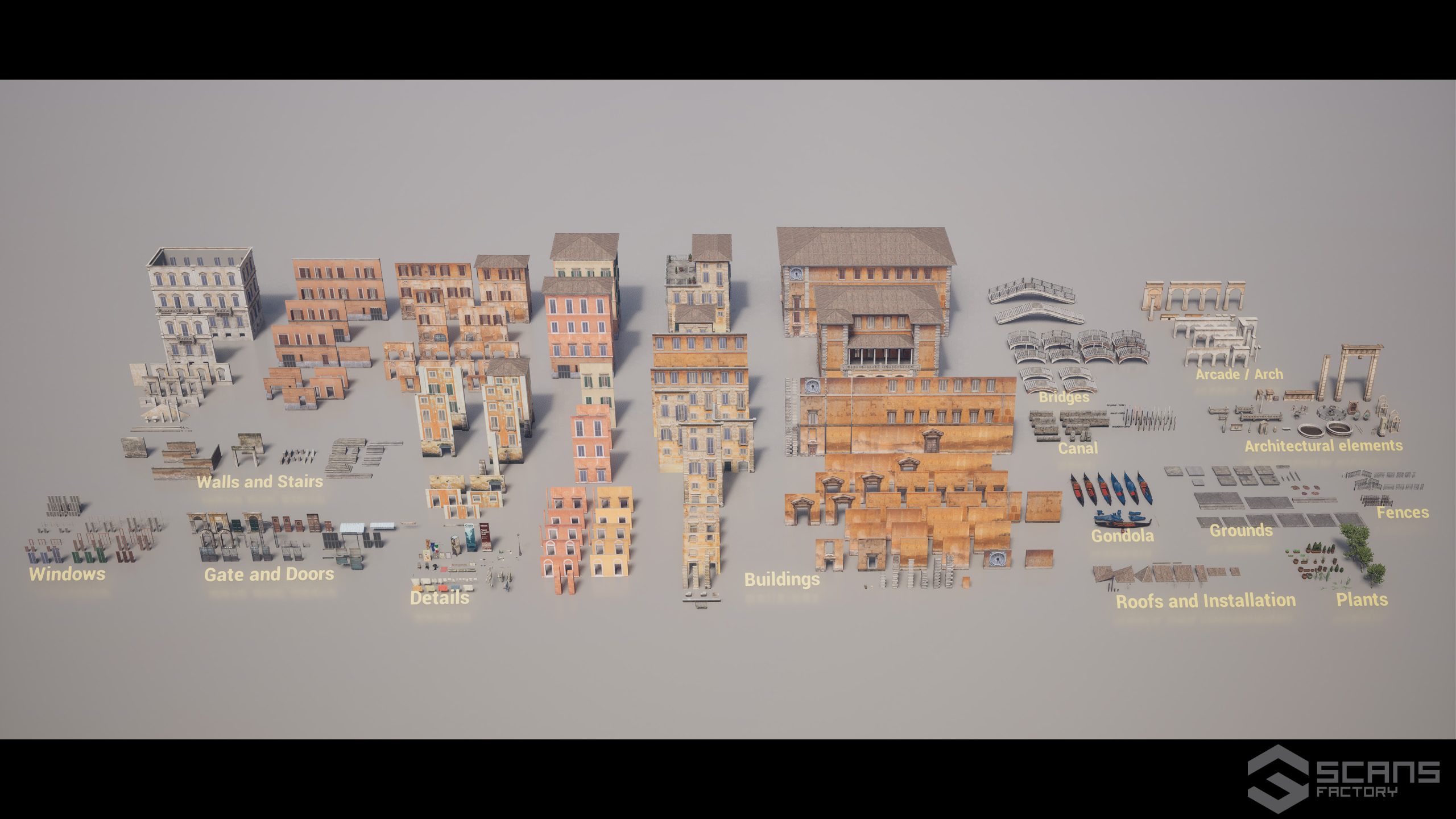 a highquality 3d render showcasing a collection of architectural elements including various buildings windows doors gates and installation components the items are organized clearly against a neutral background featuring diverse styles and materials digital production https://public-files.gumroad.com/b9c10i8iicvx5dk6spl20fpqrwxr