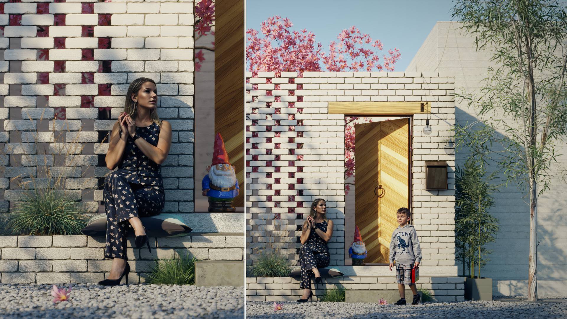 a woman sitting on a ledge beside a charming brick wall adorned with floral accents with a young boy standing nearby a whimsical garden gnome is placed in the foreground creating a playful atmosphere digital production A woman sitting on a ledge beside a charming brick wall adorned with floral accents, with a young boy standing nearby. A whimsical garden gnome is placed in the foreground, creating a playful atmosphere.