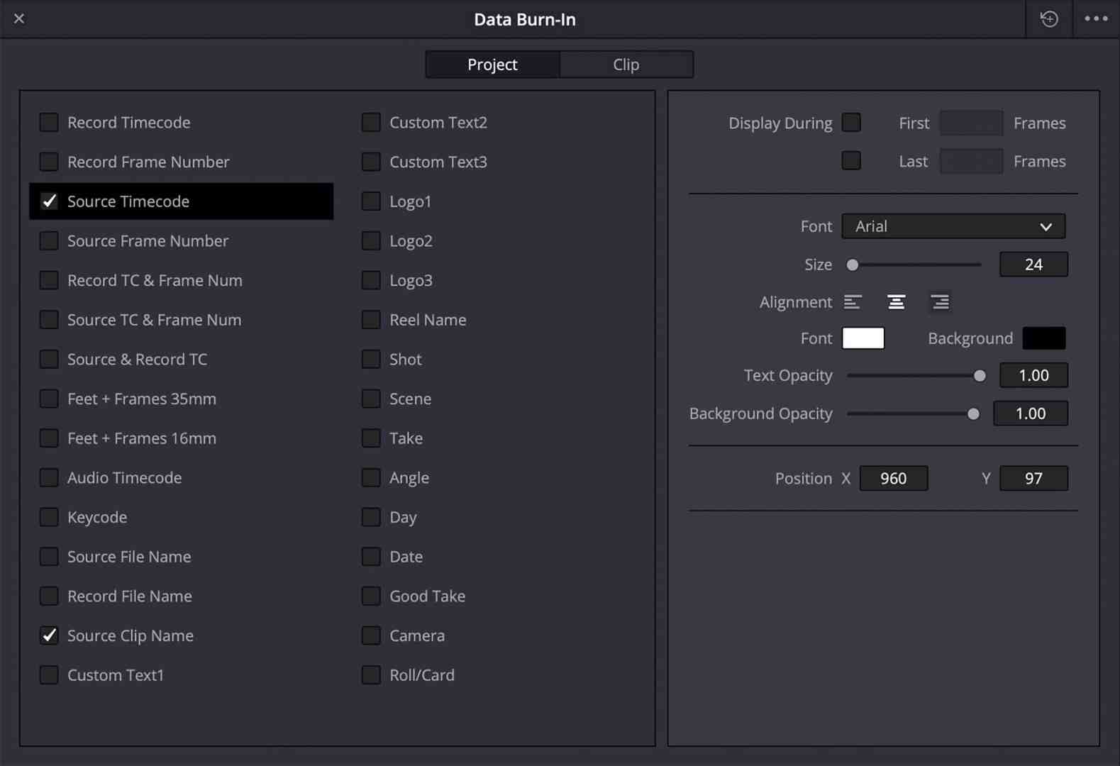 an onscreen interface for data burnin settings featuring options for displaying timecodes frame numbers and various custom text fields the layout shows configuration options for font size alignment and background opacity digital production An on-screen interface for data burn-in settings, featuring options for displaying timecodes, frame numbers, and various custom text fields. The layout shows configuration options for font size, alignment, and background opacity.