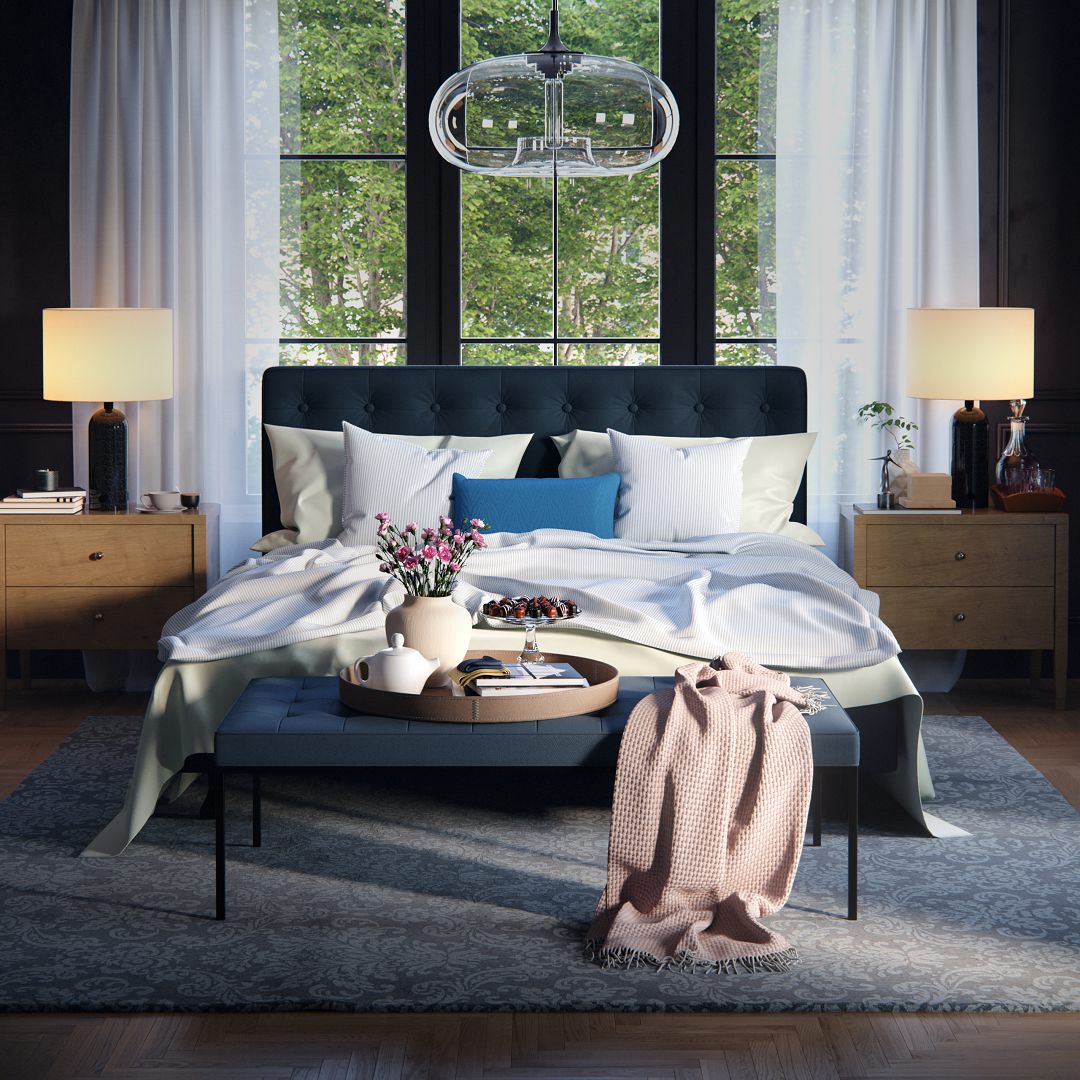 a beautifully styled bedroom featuring a large dark upholstered bed with an array of pillows two nightstands with lamps flank the bed and a cozy blanket adorns the foot of the bed a decorative tray with a teapot and sweets rests on a bench in front of the bed in a room filled with natural light from large windows digital production A beautifully styled bedroom featuring a large dark upholstered bed with an array of pillows. Two nightstands with lamps flank the bed, and a cozy blanket adorns the foot of the bed. A decorative tray with a teapot and sweets rests on a bench in front of the bed, in a room filled with natural light from large windows.