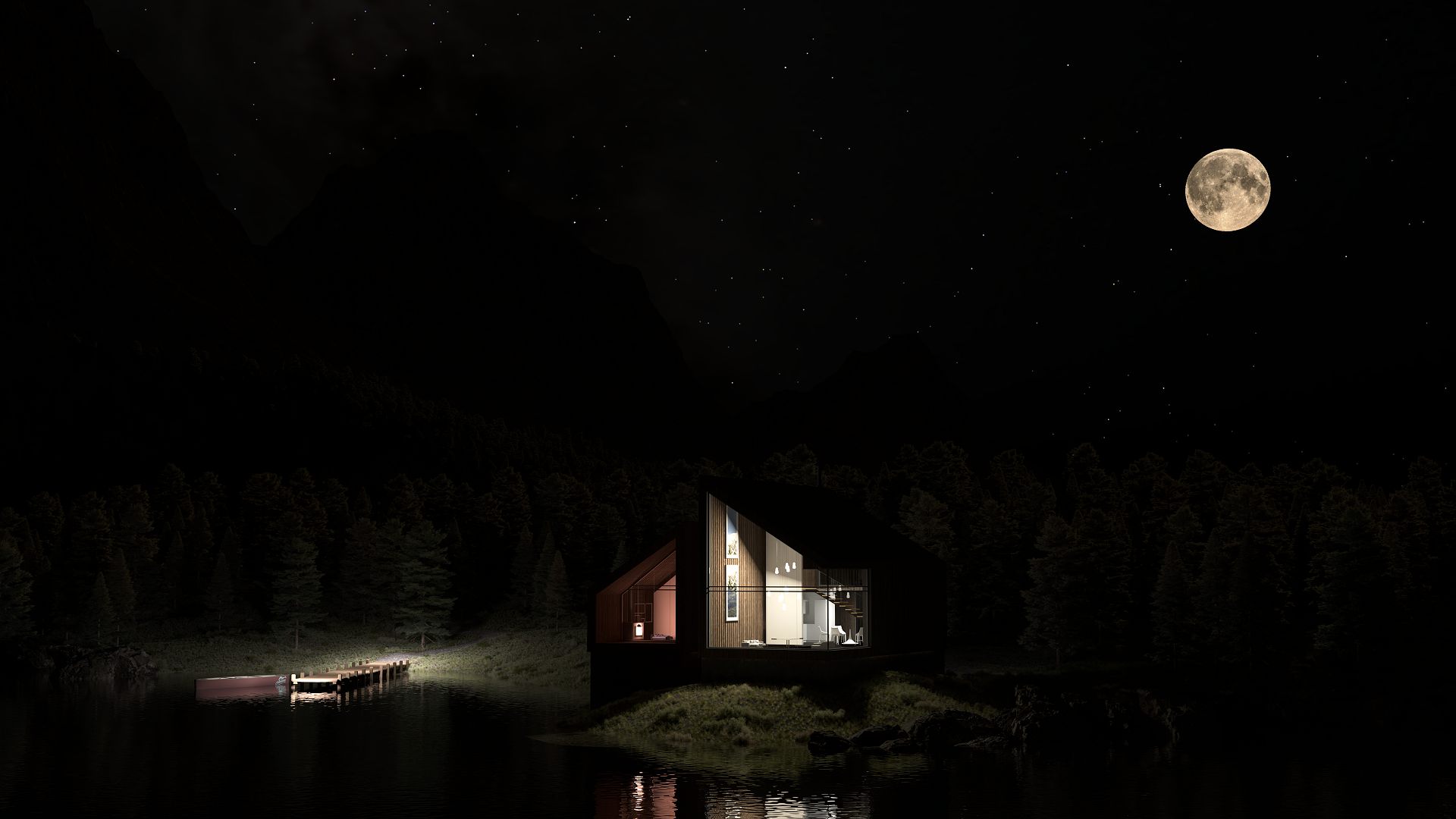 a modern cabin with large windows illuminates the night situated by a tranquil lake surrounded by pine trees a full moon shines brightly overhead reflecting on the waters surface while a wooden dock extends into the lake digital production A modern cabin with large windows illuminates the night, situated by a tranquil lake surrounded by pine trees. A full moon shines brightly overhead, reflecting on the water's surface, while a wooden dock extends into the lake.