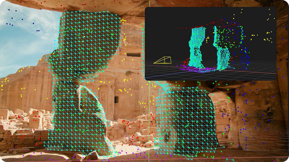 a digital reconstruction of ancient ruins featuring a large rock formation on the left side overlaid with a colorful mesh grid of points and lines in various colors on the right a 3d model preview shows a simplified version of the same structure digital production A digital reconstruction of ancient ruins featuring a large rock formation on the left side, overlaid with a colorful mesh grid of points and lines in various colors. On the right, a 3D model preview shows a simplified version of the same structure.