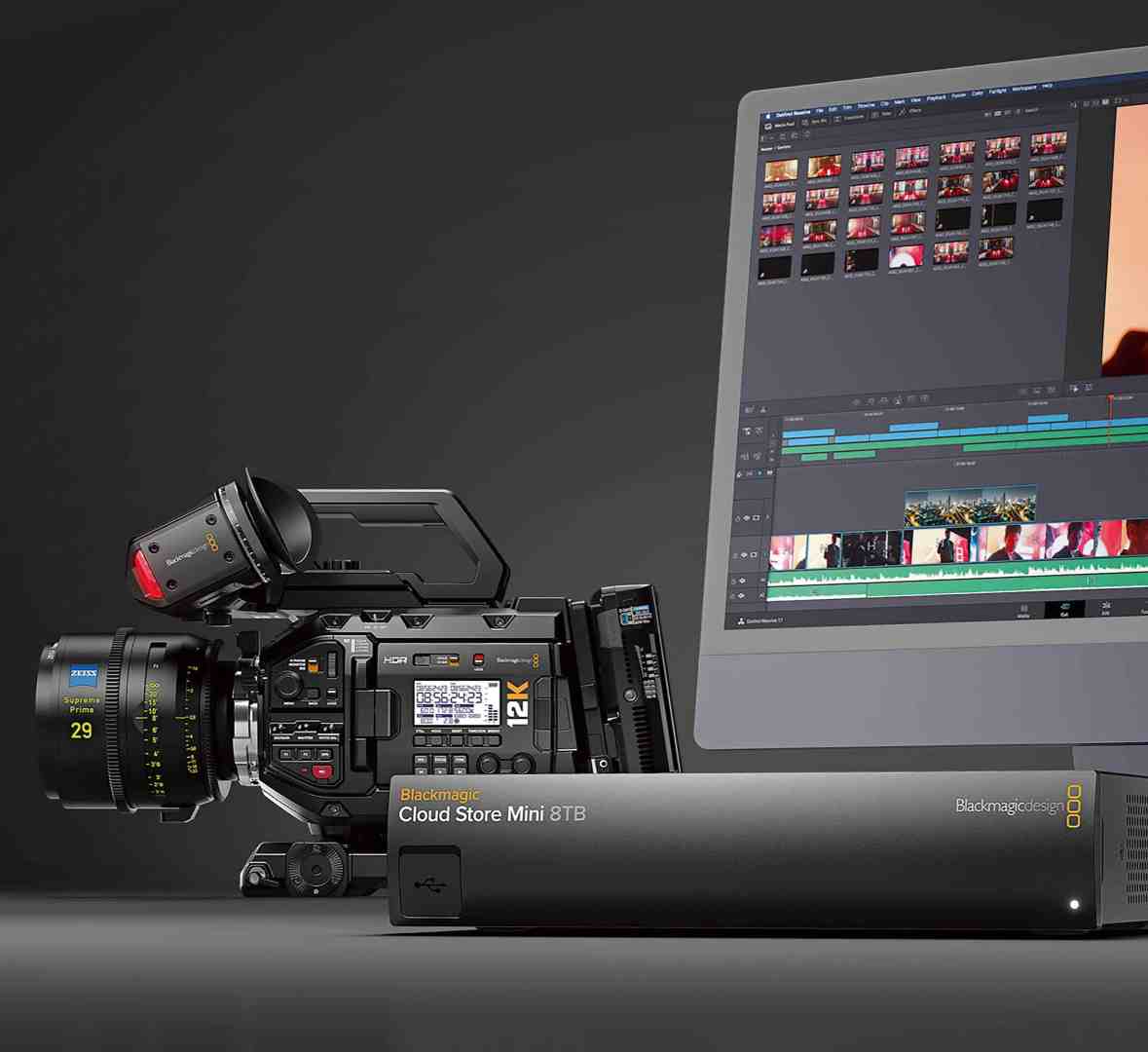 a professional camera and monitor setup with a storage device digital production A professional camera and monitor setup with a storage device.