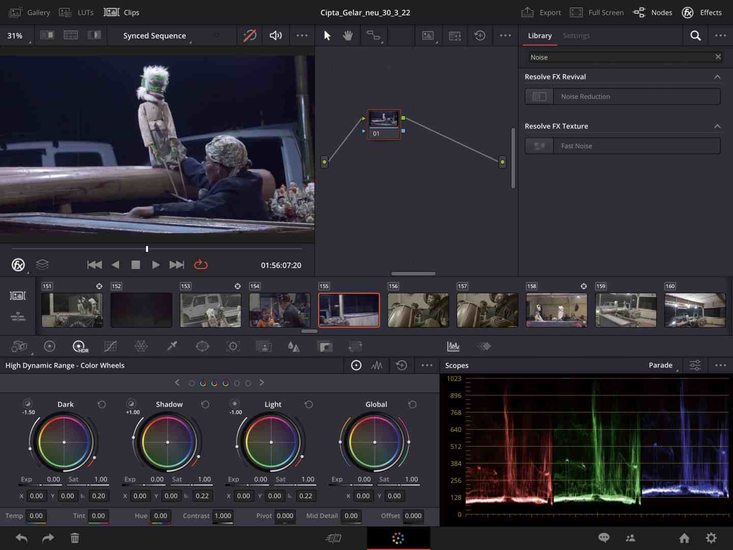 a video editing software interface showing a timeline and various editing tools a clip features a puppet and a person in a scene color grading options are displayed at the bottom along with scopes for color analysis digital production A video editing software interface showing a timeline and various editing tools. A clip features a puppet and a person in a scene. Color grading options are displayed at the bottom, along with scopes for color analysis.