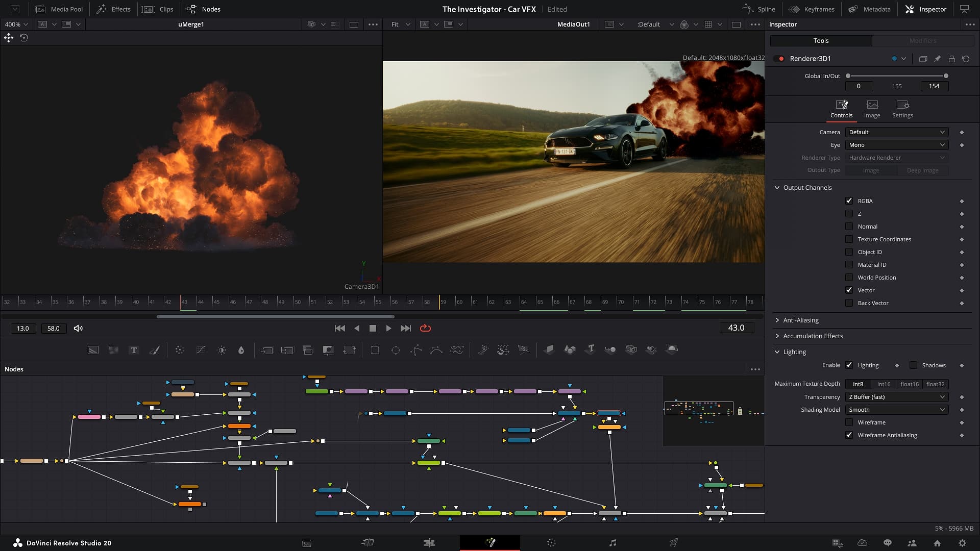 a computer screen displaying a video editing software interface with a scene of a car driving on a road alongside an explosion the software layout includes a node graph for visual effects composition and parameter settings on the right side digital production A computer screen displaying a video editing software interface with a scene of a car driving on a road alongside an explosion. The software layout includes a node graph for visual effects composition and parameter settings on the right side.