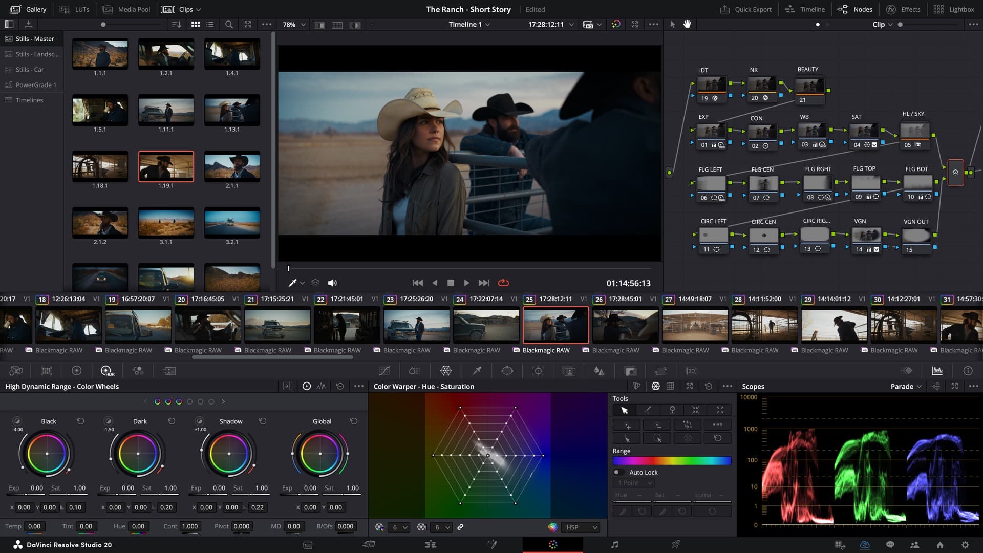 editing interface of a video editing software showing clips and color grading tools the main screen displays a woman wearing a cowboy hat with a desert background and cowboys nearby digital production Editing interface of a video editing software showing clips and color grading tools. The main screen displays a woman wearing a cowboy hat, with a desert background and cowboys nearby.