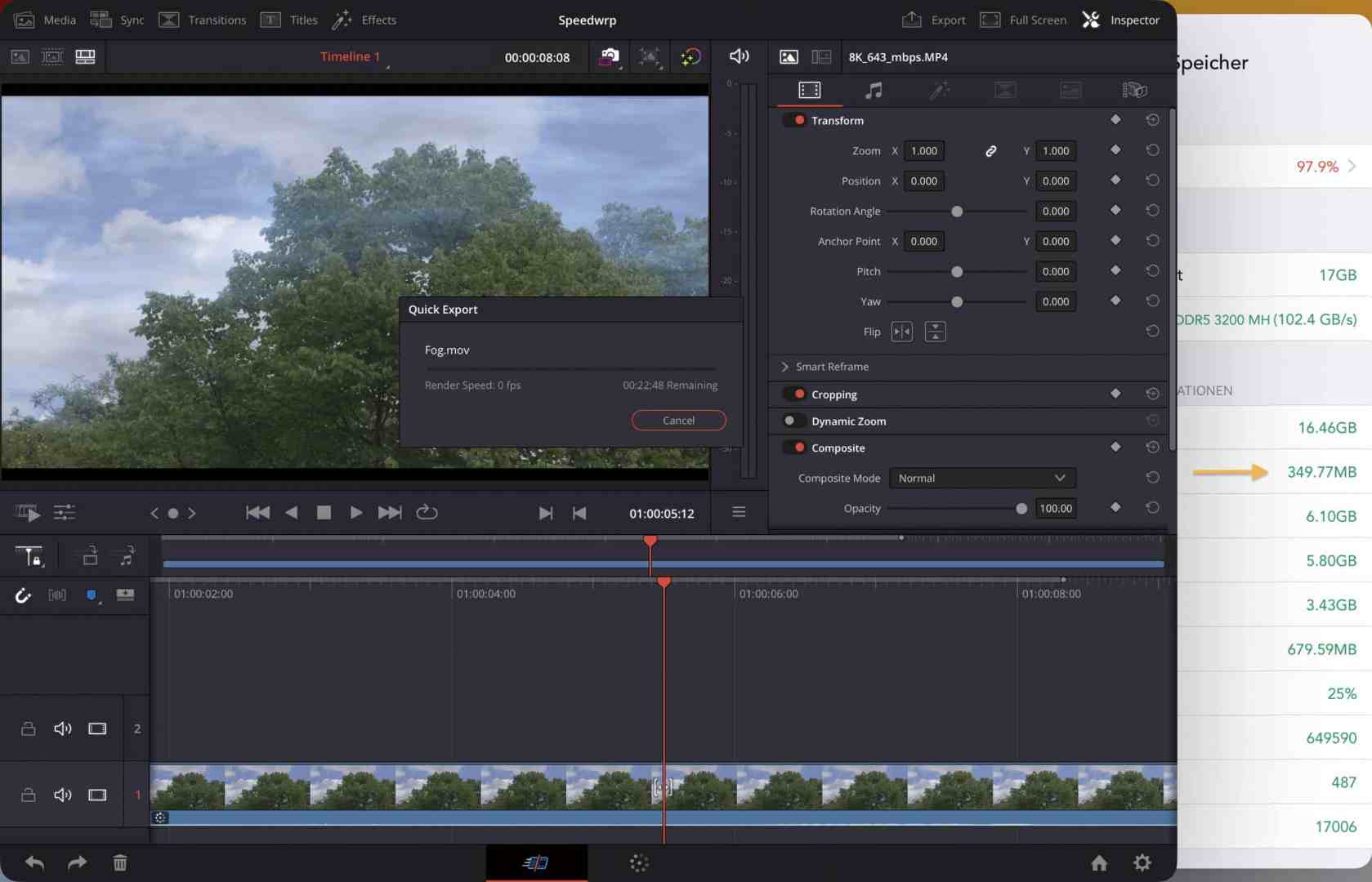 a screenshot of video editing software displaying a timeline with edited clips and a preview window showing a tree against a cloudy sky a panel for quick export settings is open on the left side digital production A screenshot of video editing software displaying a timeline with edited clips and a preview window showing a tree against a cloudy sky. A panel for quick export settings is open on the left side.