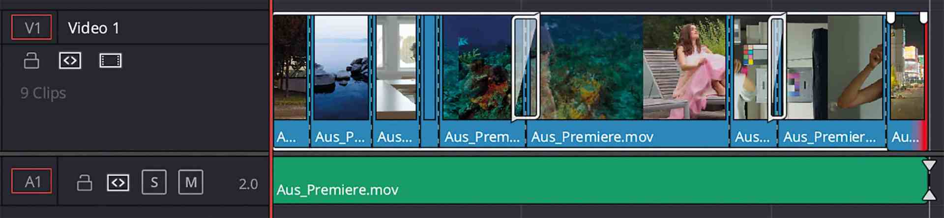 a video editing interface showing a timeline with clips labeled auspremieremov the timeline has video tracks labeled as video 1 and audio tracks labeled as a1 several video snippets are visible in the timeline with a playhead indicator digital production A video editing interface showing a timeline with clips labeled 'Aus_Premiere.mov'. The timeline has video tracks labeled as 'Video 1' and audio tracks labeled as 'A1'. Several video snippets are visible in the timeline, with a playhead indicator.
