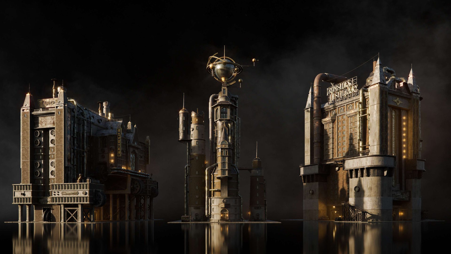 three futuristic buildings with intricate designs stand against a dark smoky background the left structure features metallic textures the center has a tall tower topped with a globe and the right showcases ornate details and glowing lights digital production Three futuristic buildings with intricate designs stand against a dark, smoky background. The left structure features metallic textures, the center has a tall tower topped with a globe, and the right showcases ornate details and glowing lights.