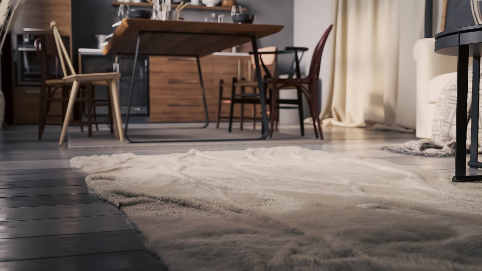 a cozy living space featuring a soft fluffy rug on a wooden floor with a dining table and chairs in the background sunlight filters through curtains creating a warm atmosphere digital production A cozy living space featuring a soft, fluffy rug on a wooden floor, with a dining table and chairs in the background. Sunlight filters through curtains, creating a warm atmosphere.