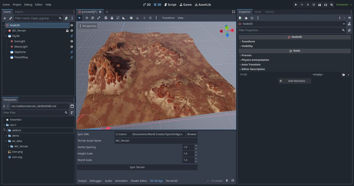a 3d visualization software screen displaying a textured terrain model the interface includes a side panel showing project files and settings and a central view with a detailed brown and orange landscape resembling hills digital production https://docs.world-creator.com/~gitbook/image?url=https%3A%2F%2F2837684122-files.gitbook.io%2F%7E%2Ffiles%2Fv0%2Fb%2Fgitbook-x-prod.appspot.com%2Fo%2Fspaces%252FM6zsxw2jbMYEZbKqEwpa%252Fuploads%252Fj8XttAzqXb22Kpbfgftz%252FGodot.webp%3Falt%3Dmedia%26token%3Dd9429b88-f839-45f5-973d-b43b2accdd21&width=400&dpr=3&quality=100&sign=13584aa2&sv=2