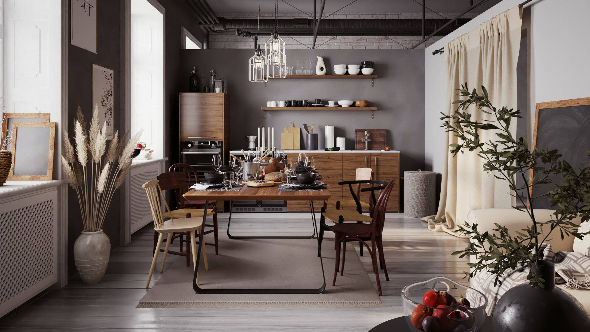 a cozy dining area featuring a wooden table surrounded by vintage chairs with a mix of modern and rustic decor shelves display dishware and plants adorn the space illuminated by natural light through large windows digital production A cozy dining area featuring a wooden table surrounded by vintage chairs, with a mix of modern and rustic decor. Shelves display dishware and plants adorn the space, illuminated by natural light through large windows.