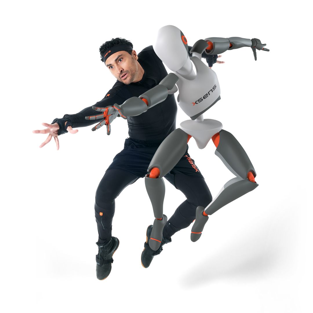 a man in a black athletic outfit is in a dynamic pose reaching out toward a humanoid robot figure dressed in gray and orange the background is plain white emphasizing their movement and interaction digital production A man in a black athletic outfit is in a dynamic pose, reaching out toward a humanoid robot figure dressed in gray and orange. The background is plain white, emphasizing their movement and interaction.