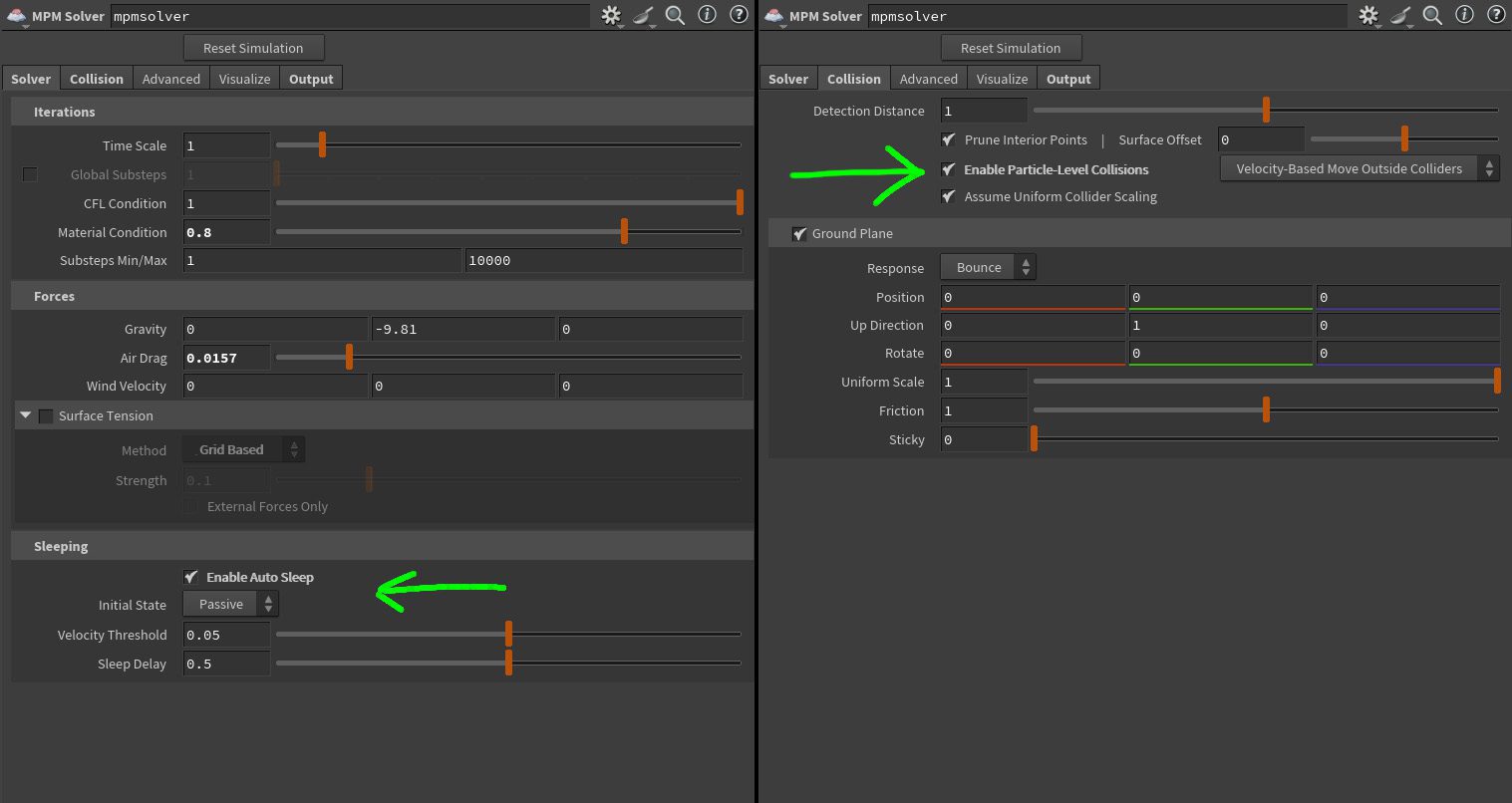 a screenshot of a software interface displaying simulation settings options for solver and output adjustments are visible with highlighted features like enable particle based collisions and enable auto sleep indicated by arrows horizontal sliders control various parameters digital production A screenshot of a software interface displaying simulation settings. Options for solver and output adjustments are visible, with highlighted features like 'Enable Particle Based Collisions' and 'Enable Auto Sleep' indicated by arrows. Horizontal sliders control various parameters.