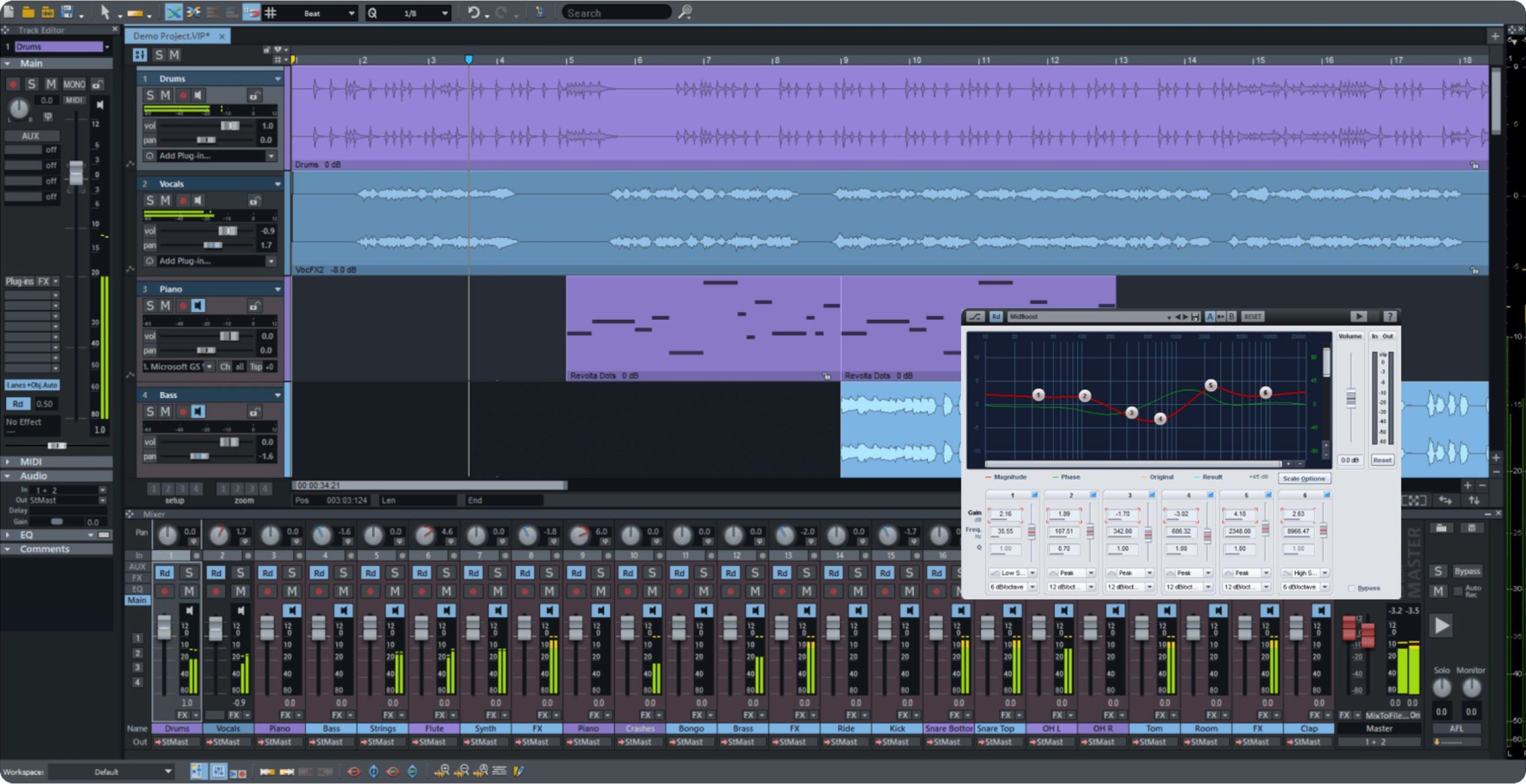 a digital audio workstation interface displaying multiple audio tracks in vibrant colors the timeline includes various waveforms with a focused graphic equalizer window highlighting sound adjustments and settings for the audio mix digital production https://blog.borisfx.com/hs-fs/hubfs/ProAudio/Music-Studio-UI.jpg?width=2580&height=1325&name=Music-Studio-UI.jpg