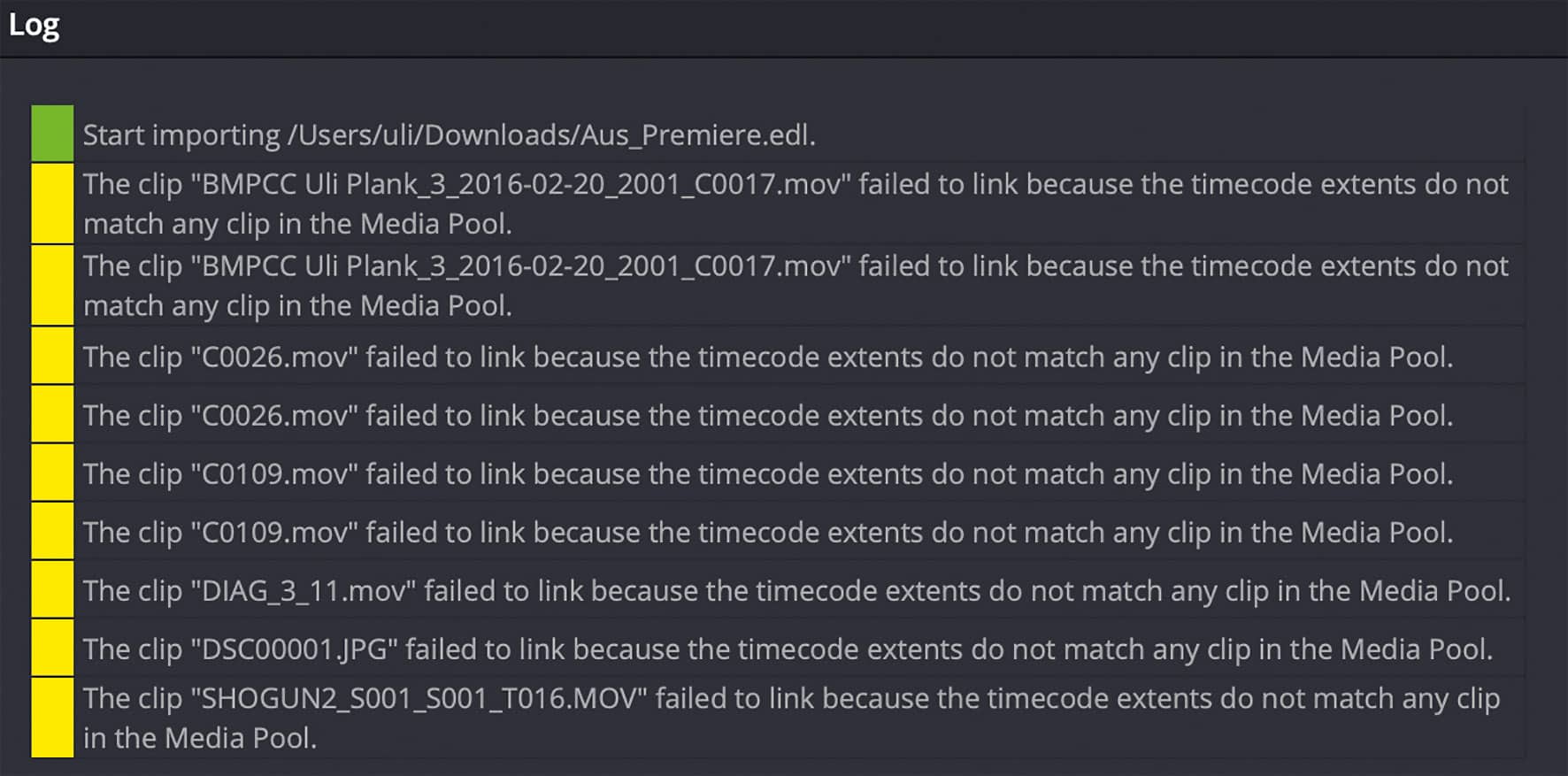 a log screen displaying import errors for video clips in a video editing software indicating failed links due to mismatched timecode extents various clips are listed with specific filenames and error messages digital production A log screen displaying import errors for video clips in a video editing software, indicating failed links due to mismatched timecode extents. Various clips are listed with specific filenames and error messages.