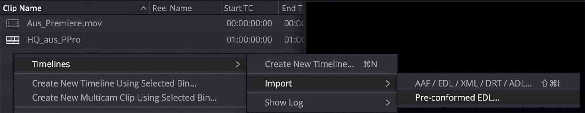 a screenshot of a video editing software interface showing a timeline menu options include create new timeline import and various timeline formats like aaf edl xml and drt the clip name displayed is auspremieremov digital production A screenshot of a video editing software interface showing a timeline menu. Options include 'Create New Timeline', 'Import', and various timeline formats like AAF, EDL, XML, and DRT. The clip name displayed is 'Aus_Premiere.mov'.