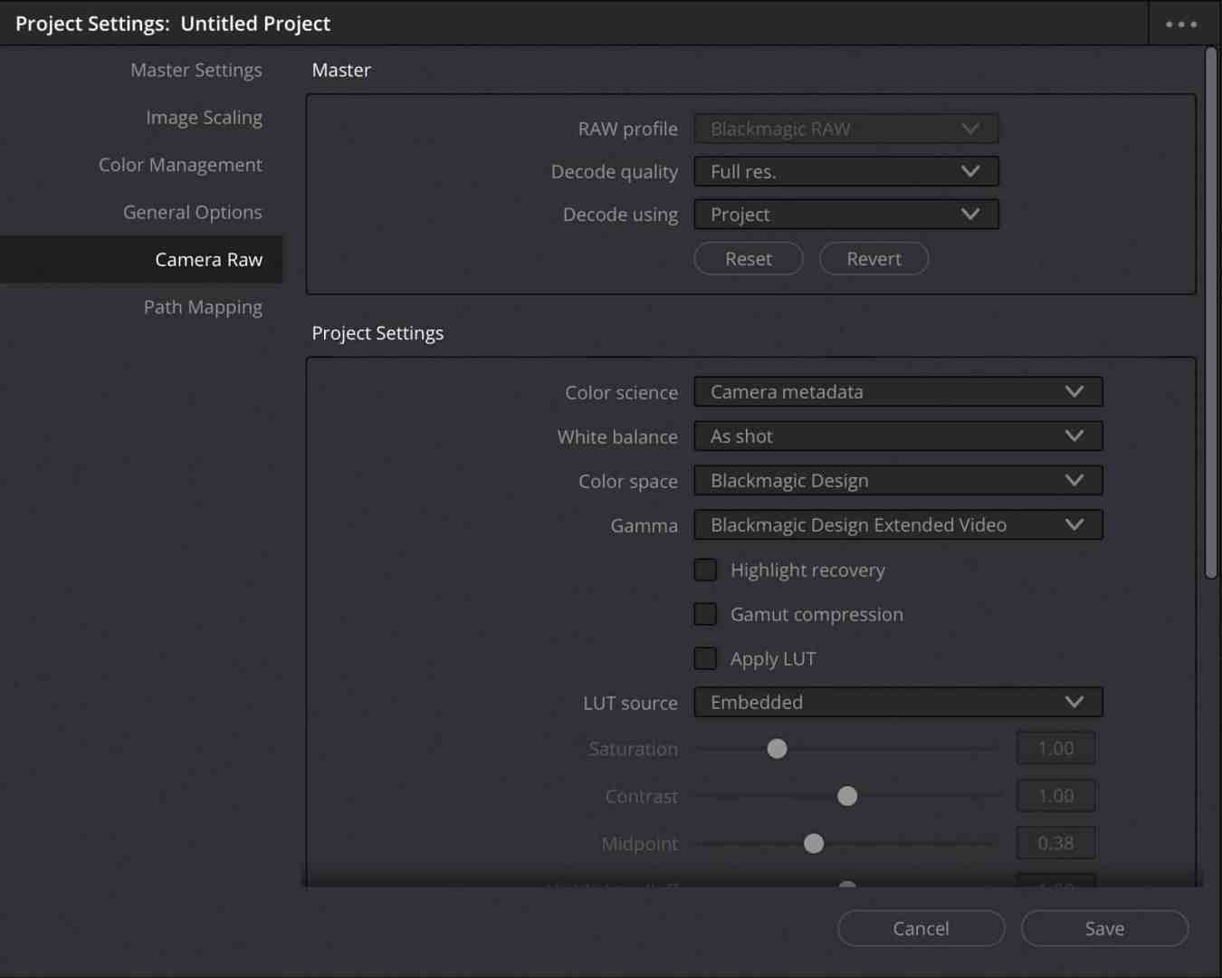 a screenshot of project settings in editing software displaying master and project settings options shown include raw profile decoding settings color science white balance color space gamma values and lut source various sliders for saturation and contrast are also visible digital production A screenshot of project settings in editing software, displaying Master and Project Settings. Options shown include RAW profile, decoding settings, color science, white balance, color space, gamma values, and LUT source. Various sliders for saturation and contrast are also visible.