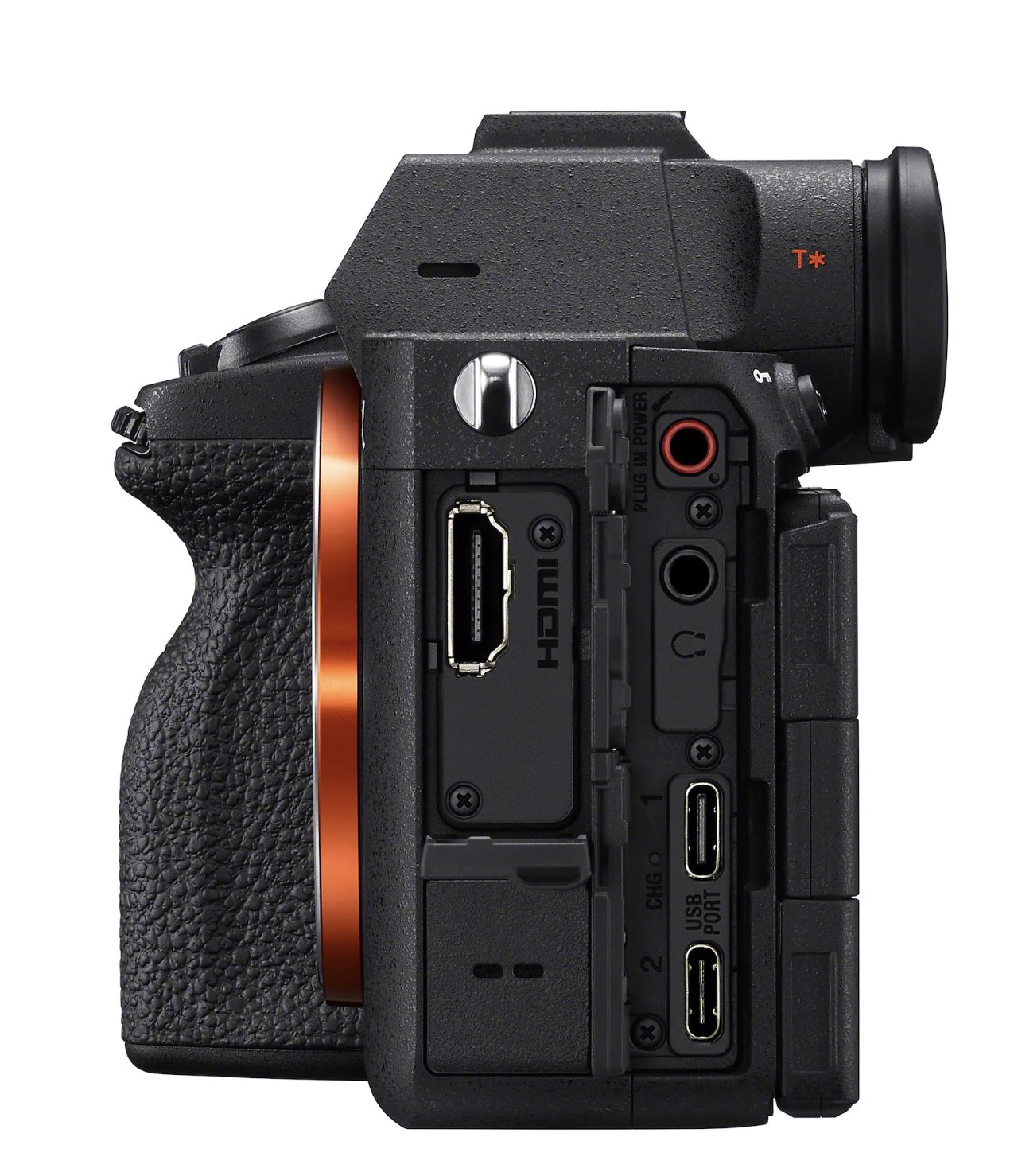a closeup view of a digital camera from the side displaying its various ports including hdmi and usb connections the camera features a textured grip and a sleek black body with orange accents digital production A close-up view of a digital camera from the side, displaying its various ports, including HDMI and USB connections. The camera features a textured grip and a sleek black body with orange accents.