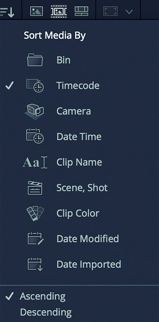 media sorting options in a software interface digital production Media sorting options in a software interface