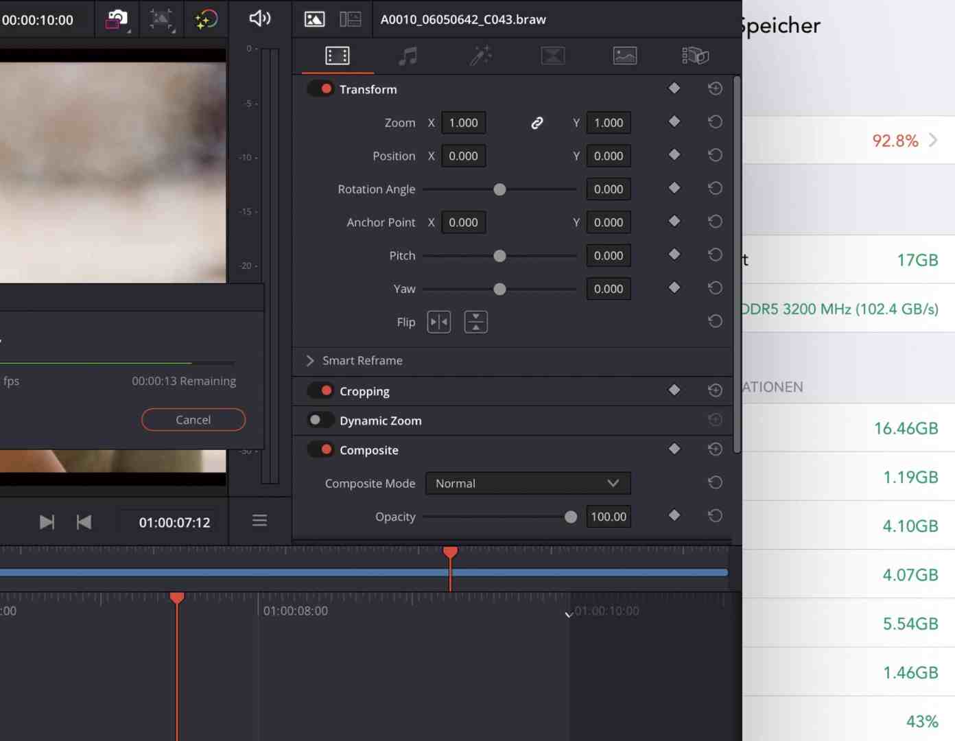 screenshot of video editing software interface displaying transform settings including zoom position rotation angle and cropping options the right panel shows details about memory usage and file sizes digital production Screenshot of video editing software interface displaying transform settings including zoom, position, rotation angle, and cropping options. The right panel shows details about memory usage and file sizes.