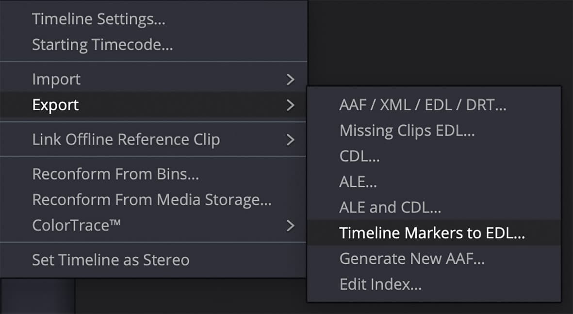 a screenshot of a software menu displaying export options including aaf xml edl drt timeline markers to edl and generate new aaf shown in a dark interface digital production A screenshot of a software menu displaying export options, including 'AAF / XML / EDL / DRT...', 'Timeline Markers to EDL...', and 'Generate New AAF...', shown in a dark interface.