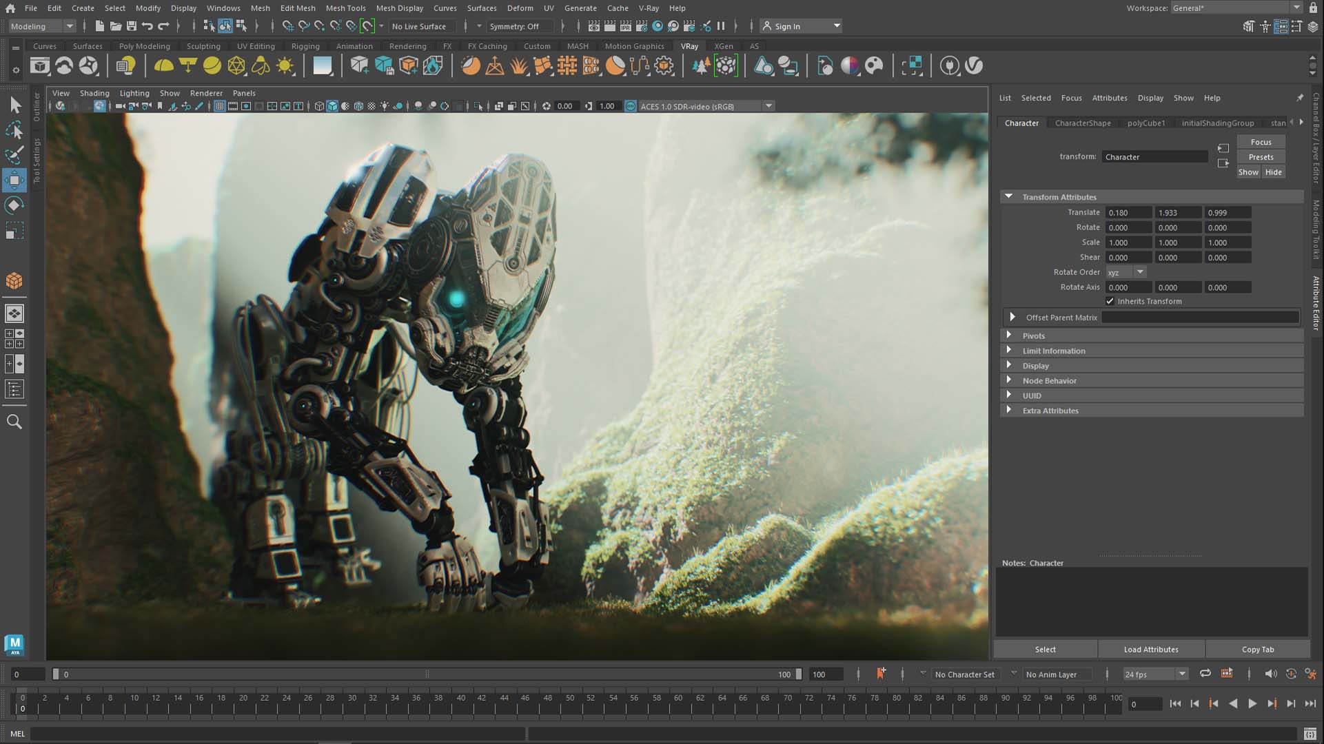 a highly detailed robotic creature crouches on a lush green surface in a landscape filled with soft lighting and natural elements the scene is displayed on a digital workspace with tool panels visible on the right digital production https://alizvfdwaq.cloudimg.io/https://6852391.fs1.hubspotusercontent-na1.net/hubfs/6852391/Vantage_In_Maya_Viewport.jpg?&optipress=3&force_format=avif&gravity=smart&aspect_ratio=1.7787037037037037