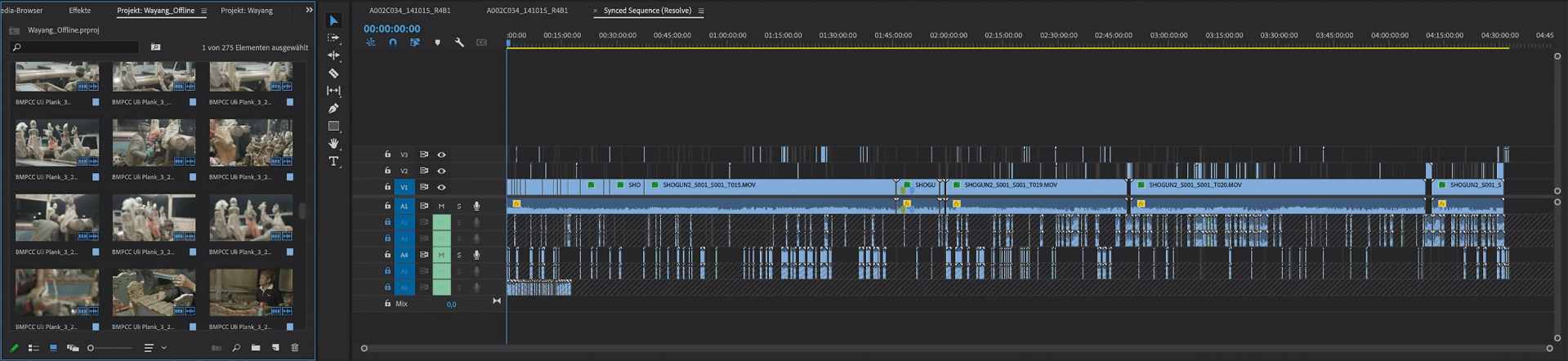 a screenshot of a video editing software interface displaying a timeline filled with clips and audio tracks various video thumbnails are visible on the left side with blue indicators on the timeline representing different segments digital production A screenshot of a video editing software interface displaying a timeline filled with clips and audio tracks. Various video thumbnails are visible on the left side, with blue indicators on the timeline representing different segments.
