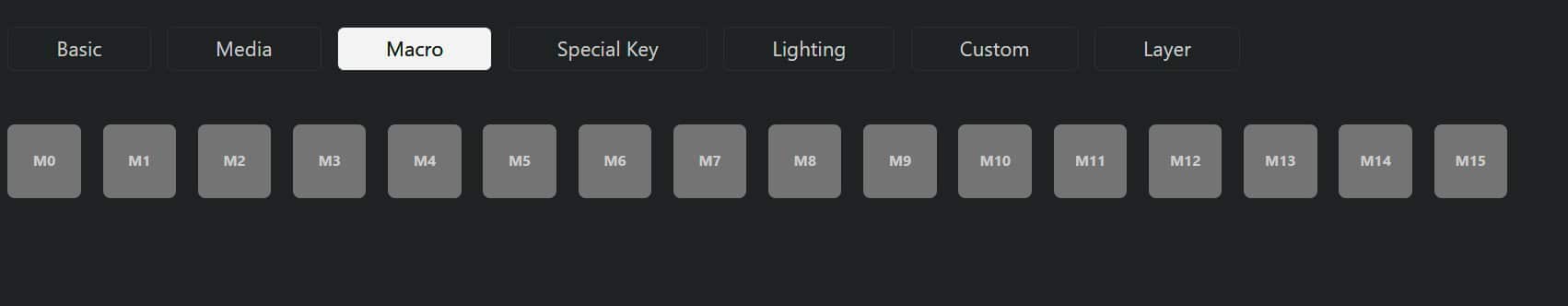 a dark interface displaying options for keyboard settings including tabs for basic media special key lighting custom and layer with labeled buttons m1 to m8 under the macro tab digital production A dark interface displaying options for keyboard settings, including tabs for Basic, Media, Special Key, Lighting, Custom, and Layer with labeled buttons M1 to M8 under the Macro tab.