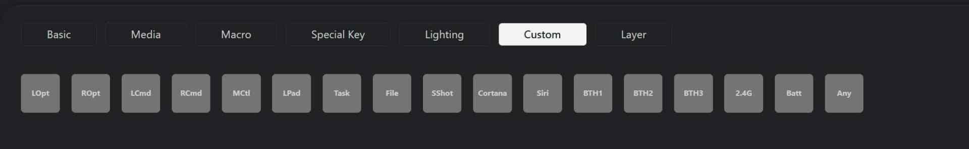 a user interface displaying a set of customizable keys arranged in a horizontal row options include basic media macro special key lighting and custom with various labeled keys below them digital production A user interface displaying a set of customizable keys arranged in a horizontal row. Options include Basic, Media, Macro, Special Key, Lighting, and Custom, with various labeled keys below them.