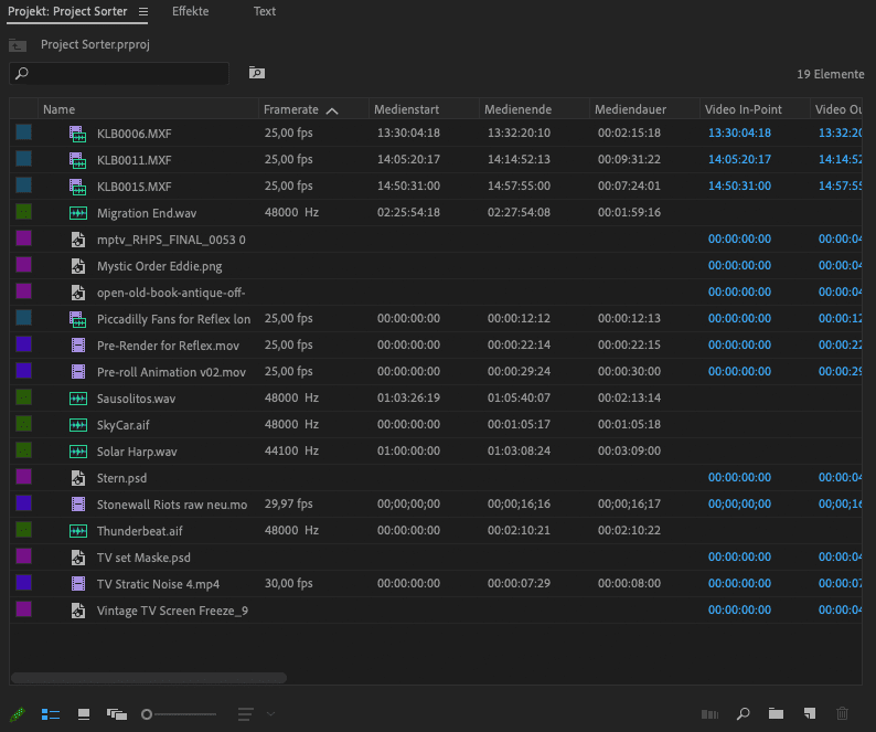 a computer screen displaying a video editing software interface with a detailed project file list the list includes filenames frame rates resolutions and durations all organized in a tabular format the layout features a dark theme with colorful highlights for different file types digital production A computer screen displaying a video editing software interface with a detailed project file list. The list includes filenames, frame rates, resolutions, and durations, all organized in a tabular format. The layout features a dark theme with colorful highlights for different file types.