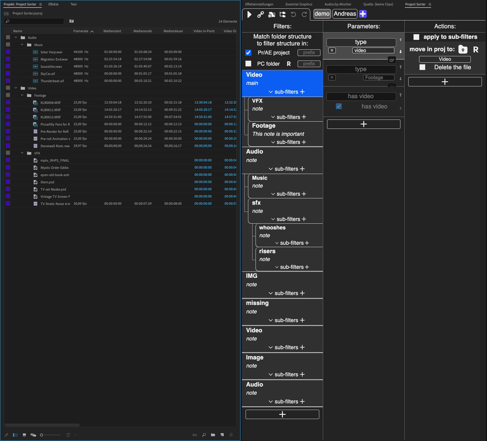 a screenshot of a video editing software interface displaying a project file structure on the left including video audio and image categories and a filter panel on the right with options to apply filters and actions digital production A screenshot of a video editing software interface displaying a project file structure on the left, including video, audio, and image categories, and a filter panel on the right with options to apply filters and actions.