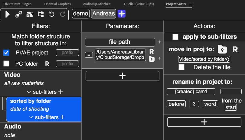 a computer interface displaying a project sorting tool the left panel includes filters for matching folder structures while the center shows parameters for file path settings the right panel features actions to apply move and rename projects digital production A computer interface displaying a project sorting tool. The left panel includes filters for matching folder structures, while the center shows parameters for file path settings. The right panel features actions to apply, move, and rename projects.