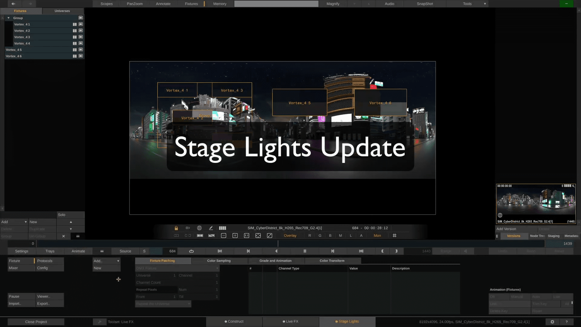 a digital interface displaying a stage lights update message over an urban city backdrop at nighttime on the right buildings feature illuminated signs while a control panel with various settings is visible below digital production A digital interface displaying a "Stage Lights Update" message over an urban city backdrop at nighttime. On the right, buildings feature illuminated signs, while a control panel with various settings is visible below.