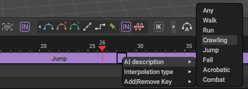 a user interface display showing a timeline with animation keyframes labeled jump and options for various actions like crawling run walk and combat set in a 3d modeling software digital production A user interface display showing a timeline with animation keyframes labeled 'Jump' and options for various actions like 'Crawling', 'Run', 'Walk', and 'Combat', set in a 3D modeling software.