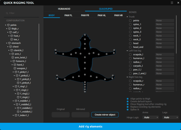 a computer interface displaying a rigging tool for animating quadrupeds featuring various body parts labeled with options for configurations like original and mirrored and a button labeled create mirror object digital production A computer interface displaying a rigging tool for animating quadrupeds, featuring various body parts labeled with options for configurations like 'Original' and 'Mirrored', and a button labeled 'Create mirror object'.