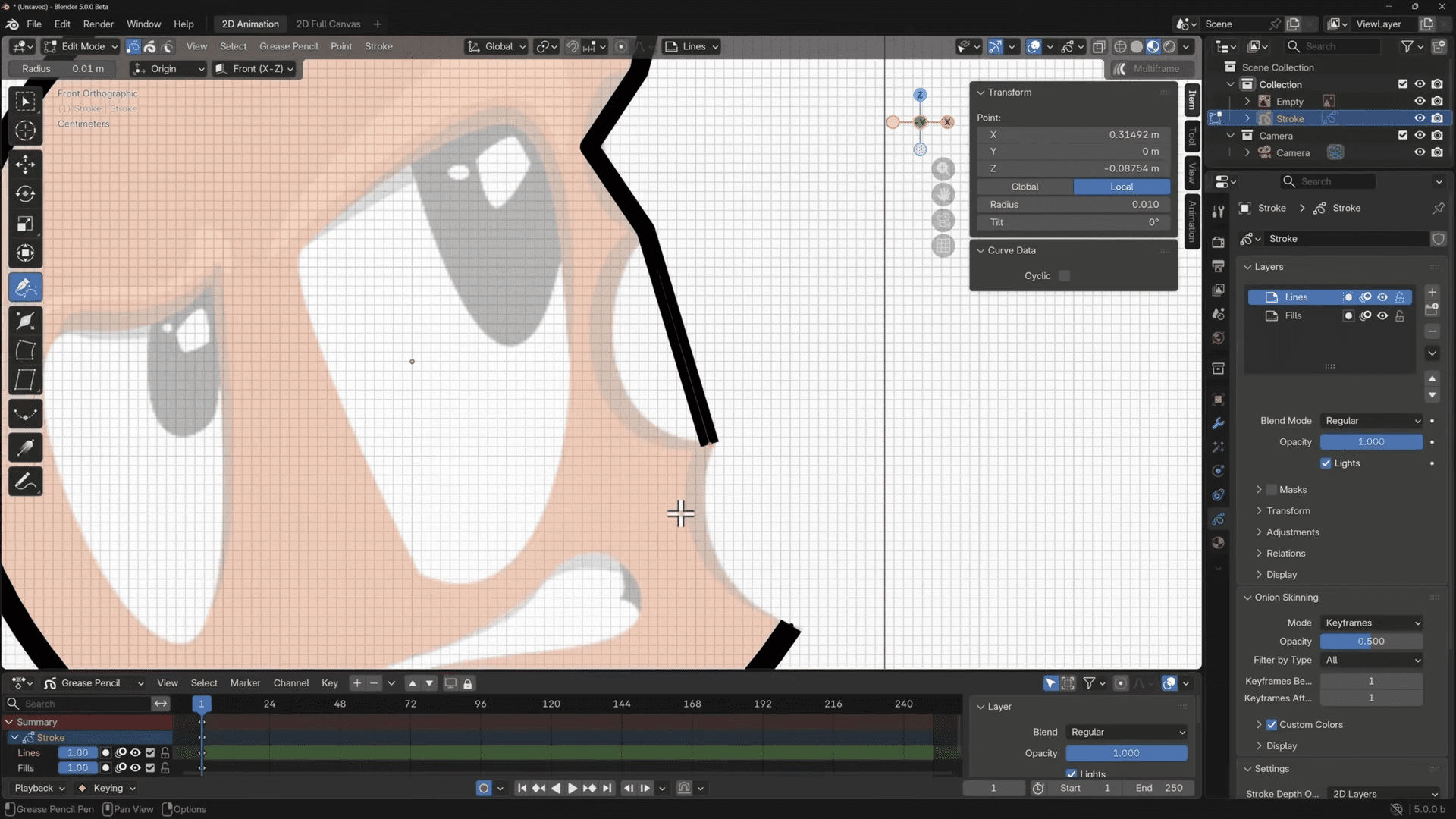 a closeup view of a digitally drawn characters face within a 3d modeling software interface featuring a large eye and an outline being edited the background includes grid lines and tool panels are visible on the side digital production A close-up view of a digitally drawn character's face within a 3D modeling software interface, featuring a large eye and an outline being edited. The background includes grid lines, and tool panels are visible on the side.