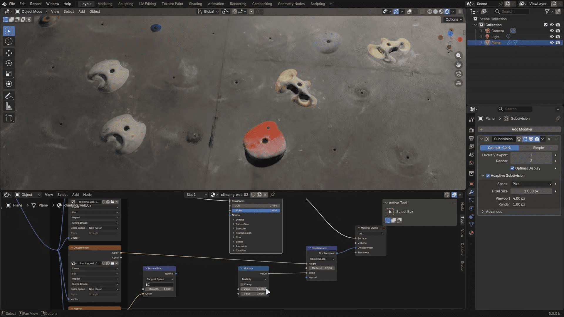 a closeup view of a digital workspace in blender showcasing a rock climbing wall with various colored holds the interface displays nodes connected in a shader editor emphasizing texture adjustments digital production A close-up view of a digital workspace in Blender, showcasing a rock climbing wall with various colored holds. The interface displays nodes connected in a shader editor, emphasizing texture adjustments.