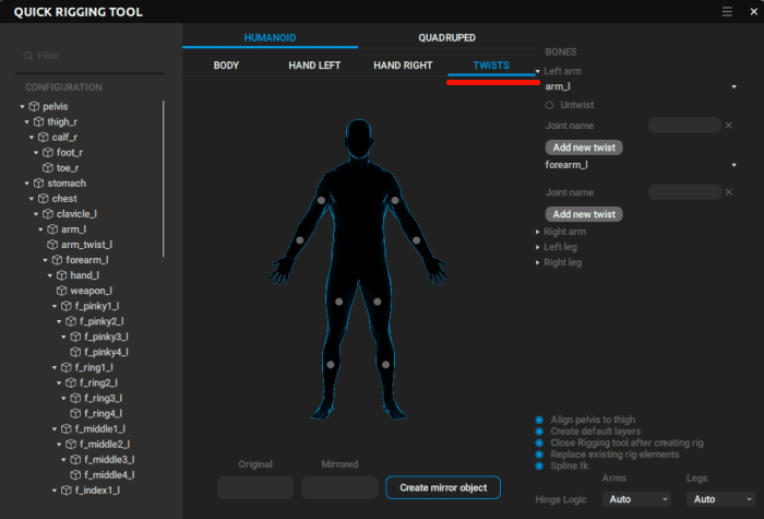 a user interface of a 3d rigging tool displaying options for humanoid configuration it features sections for body parts hand settings and twist adjustments with various joint specifications visible on a dark background digital production A user interface of a 3D rigging tool displaying options for humanoid configuration. It features sections for body parts, hand settings, and twist adjustments, with various joint specifications visible on a dark background.